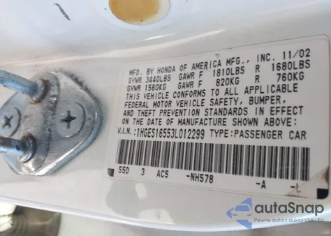 2003 Honda Civic Lx z USA, uszkodzony, nr VIN 1HGES16553L012299